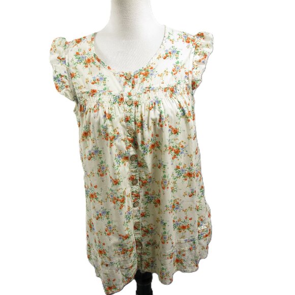 Forever 21 Cream/Orange Floral Button Front Sleeveless Blouse Size Medium - Picture 1 of 6